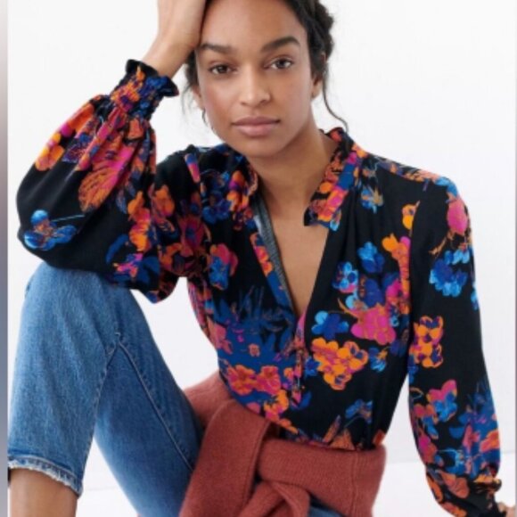 Anthro Maeve Colette Peasant Blouse Floral Boho Black Pink Size S - Picture 5 of 12